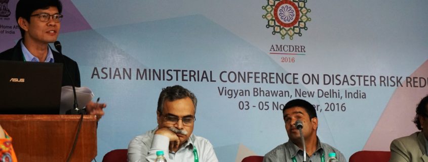 Aloysius Canete, Executive Director of A2D Project, presents lessons learned from working with government in promoting Disability-inclusive DRR at the Asian Ministerial Conference on Disaster Risk Reduction held in New Delhi, India. (Photo Credits to ASB Indonesia)